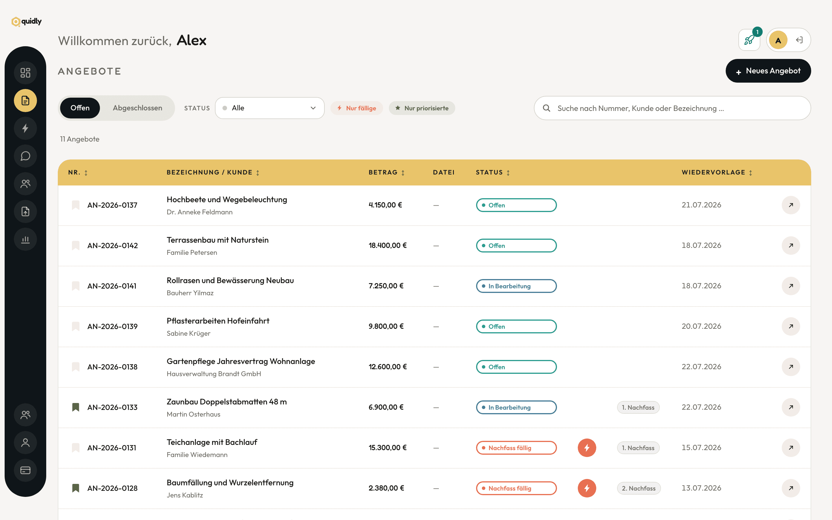 Die Angebotsliste am Desktop mit Status-Badges