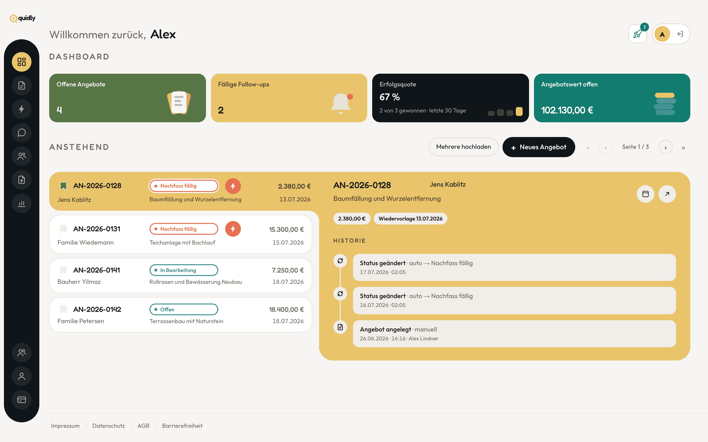Das quidly-Dashboard: KPI-Karten und Liste anstehender Angebote