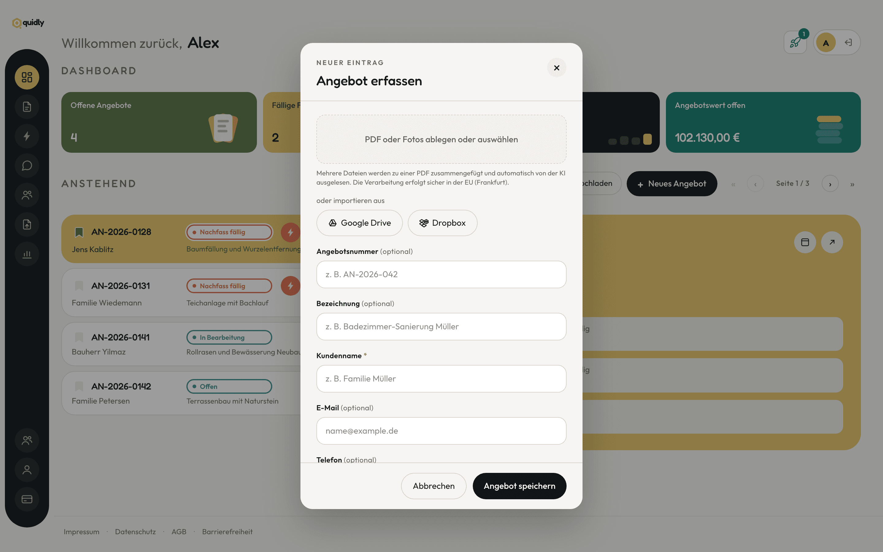 Das Slide-Over zum Erfassen eines neuen Angebots