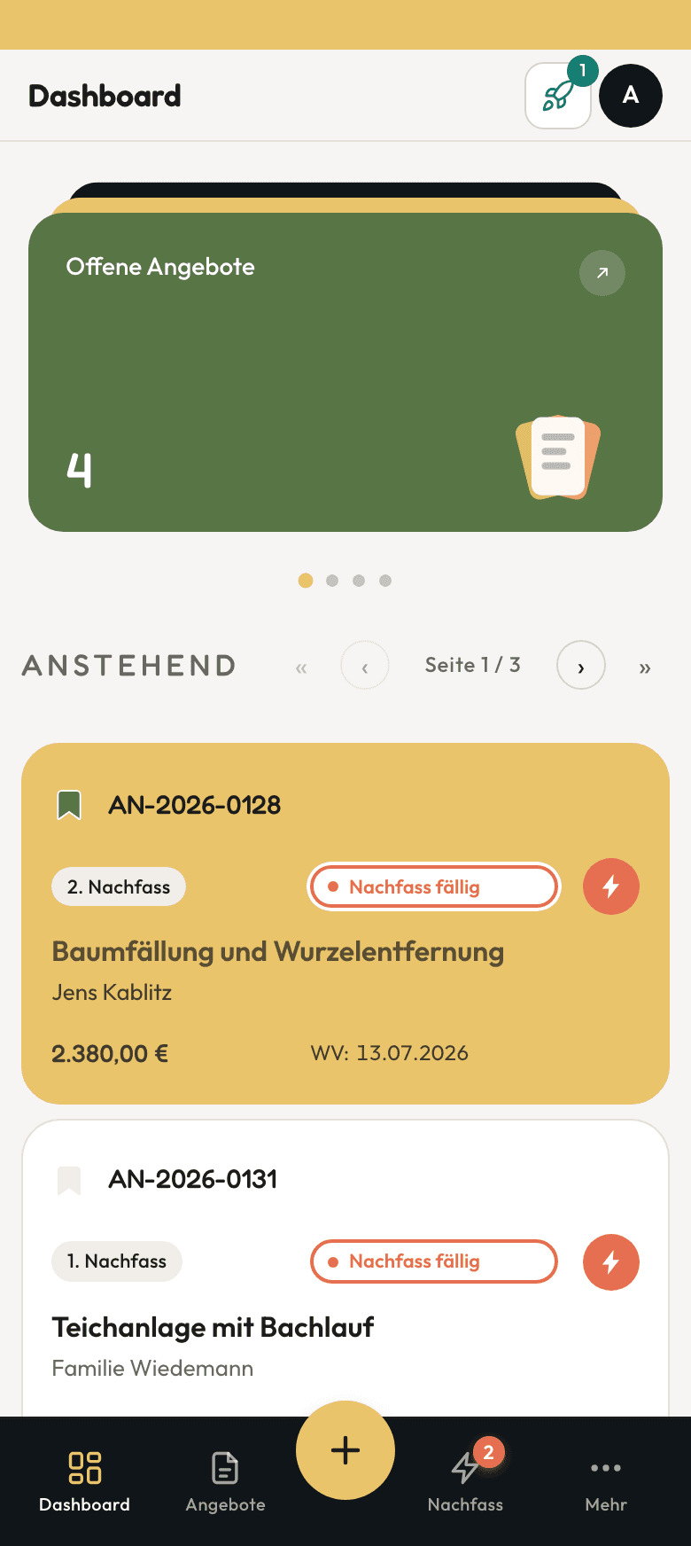 Das mobile quidly-Dashboard mit KPI-Karten und anstehenden Angeboten
