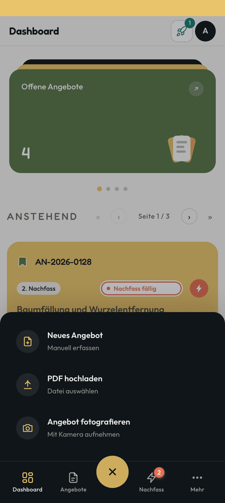 Das Plus-Menü: Angebot manuell erfassen, PDF hochladen oder fotografieren